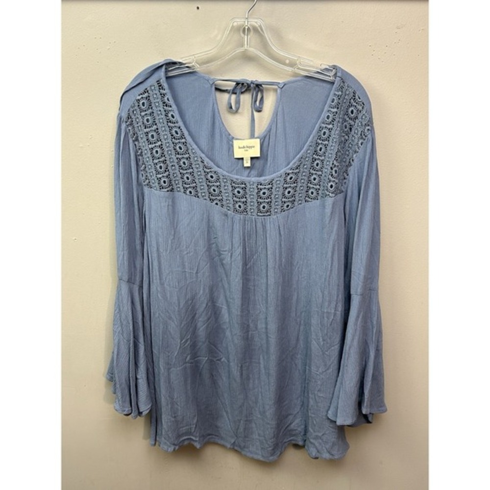 Haute Hippie Tribe‎ Blue Crochet Lace Bell Sleeve Boho Blouse Top Plus Size 2X